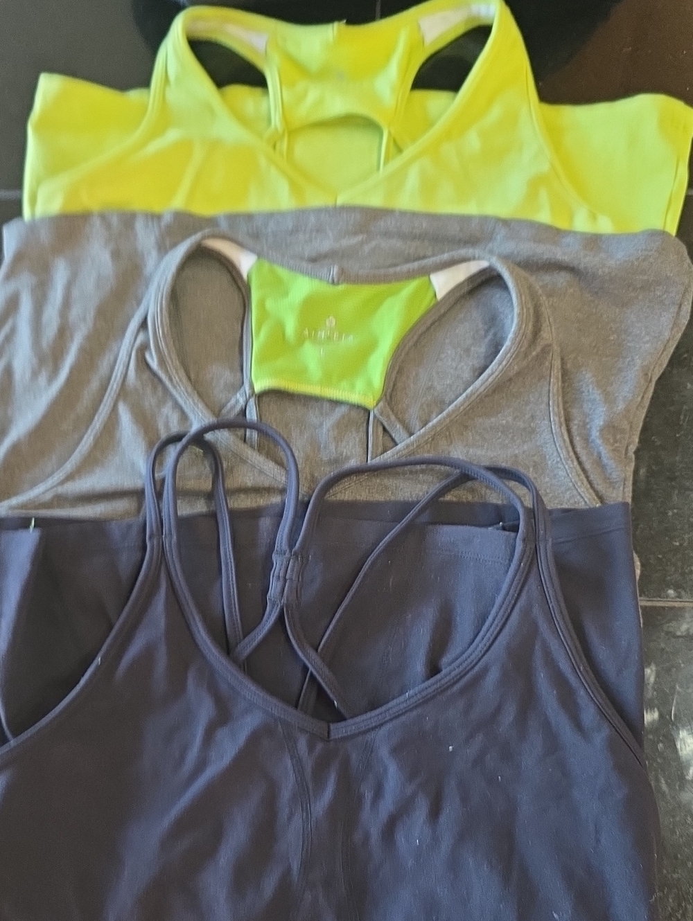 Athleta Three-Pack Strappy Tank Tops in Lime, Gray & Navy